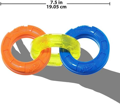 Nerf Dog 7.5in Rubber 3-Ring Tug Dog Toy, Lightweight, Durable and Water Resistant Dog Toy for Small Dogs, Single Unit, Blue/Green/Orange