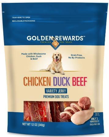 Golden Rewards Chicken, Duck, and Beef Recipe Variety Flavor Dry Jerky Treats for All Dogs, 12oz