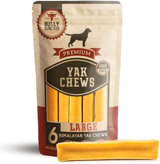 Bully Bunches Large Authentic Yak Cheese Himalayan Chews for Large Dogs & Heavy Chewers - All Natural Dog Treat Dental Chews, Made with Real Yak Milk - Lactose & Rawhide Free (6 Pk)