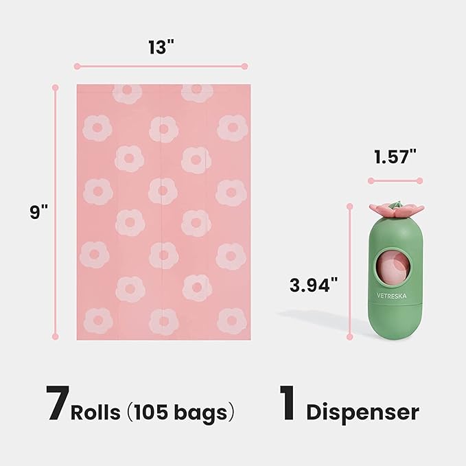 VETRESKA Dog Poop Bags with Dispenser, Lavender Scented, Guranteed Leak Proof and Extra Thick Pet Waste Bags for Walking Dog and Cats Litter， 1 Count Bag Holder and 105 Count Bags (7 Refill Rolls）Pink