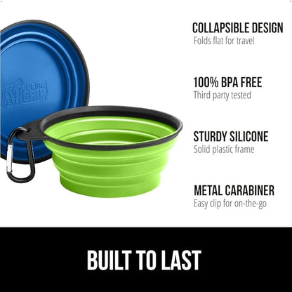 Gorilla Grip Collapsible Dog Bowl, Silicone Set of 2 Travel Bowls with Carabiner, Foldable and Portable Accessories for Cat and Dogs, Small Pet Hiking Supplies, Food and Water, 1 Cup, Royal Blue/Green