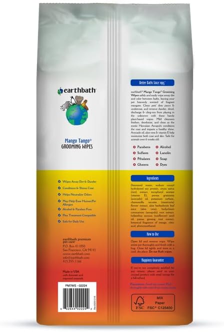 earthbath, Mango Tango Grooming Wipes - Dog Wipes for Paws and Butt, Best Pet Wipes for Dogs & Cats, Made in USA, Cruelty-Free Dog Cleaning Wipes, Removes Dirt & Dander - 100 Count (1 Pack)