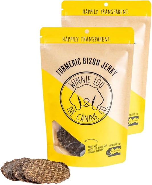 Winnie Lou The Canine Jerky Organic Jerky Dog Treats Made in USA – Human Grade Dog Treats – Dog Jerky Treats – All Natural Dog Treats – Healthy Dog Treats (Turmeric Bison Jerky 2 Pack)