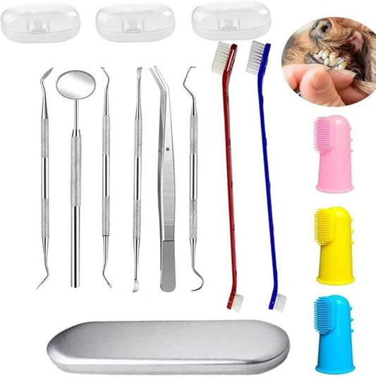 Teeth Cleaning Kit Dog Plaque Tartar Remover Tools Pet Dental Tooth Scaler and Scraper Silicone Finger Toothbrush for Puppy Cats Tooth Pick Stone Remover Dogs Oral Care Hygiene Cleaning Tools (12Pcs)