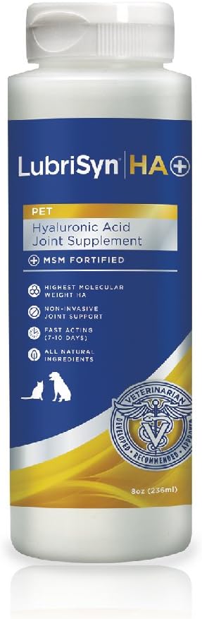 Lubrisyn Hyaluronic Acid + MSM Joints Supplement, 8oz: Natural Pure HA Liquid Dog and Cat Joint & Cartilage Support, Relief and Lubrication for Pets Including Dogs, Cats and Horses, Vegan Formula