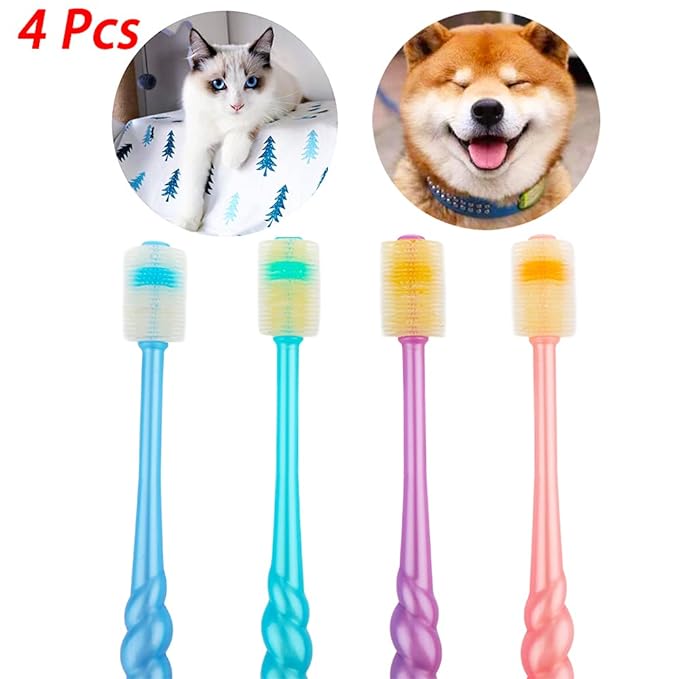 4 Pcs 360-Degree Small Dog and Cat Soft Toothbrush Soft Silicone Deep Pet Teeth Cleaning Kit (Colors May Vary)