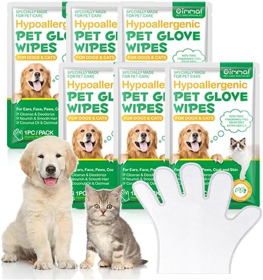 Pet Grooming Gloves Wipes, Hygienic Wipes for Dogs & Cats, Cleaning & Deodorizing Pet Bathing Wipes, No Rinse Puppy Extra Thick Paw Wipes, Dog Cleaning Gloves for Butt, & Body (6PCS-Grooming Wipes)