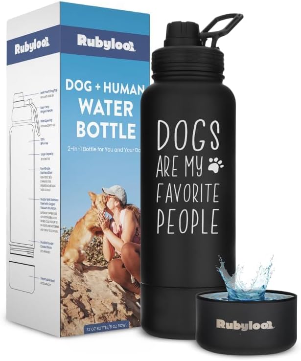Dog Water Bottle for Dog Lovers - 32 oz Stainless Steel Double Wall Insulated Water Bottle with 8 oz Attached Dog Bowl - Best Dog Mom Gifts for Women - “Dogs are My Favorite People” - Black