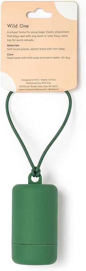 Wild One Dog Poop Bag Holder and Dispenser with Leash Attachment, Leak Proof, Easy Twist Top for Refills, Includes 1 Roll Poop Bags, Spruce