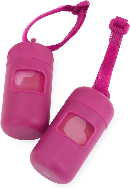 Best Pet Supplies Dog Poop Bag Holder Leash Attachment with 30 Bags, Reusable Dispenser for Travel, Walking, Park, and Outdoor Use, Durable with Clip-On - Fuchsia, Pack of 2