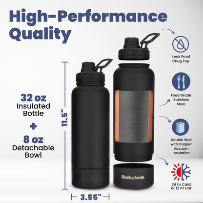 Dog Water Bottle for Dog Lovers - 32 oz Stainless Steel Double Wall Insulated Water Bottle with 8 oz Attached Dog Bowl - Dog Mom Gifts for Women for Travel, Hiking & Everyday Adventures - Black