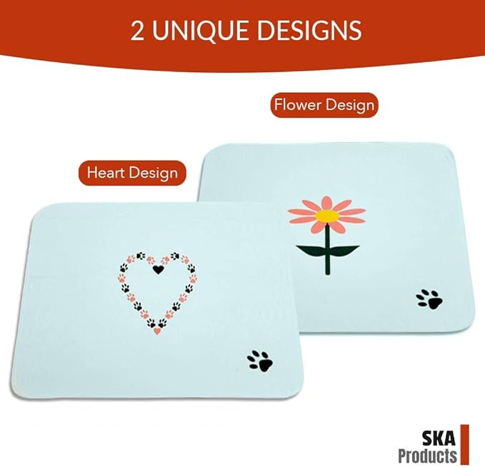 Cute Washable Puppy Pee Pads | 2 Pack Flower, Heart Designs | Large Super Absorbent Wee Potty Mats | Dog Housebreaking, Pet Crate Training | Multi-Purpose Reusable Eco-Friendly