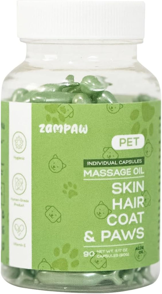 Pet Massage Oil Capsules for Allergies, Dry, Itchy & Irritated Coat & Paws - Healthy Skin & Shiny Coat, 90 Capsules (Aloe Vera Scent)
