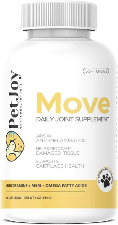 PetJoy - Move Joint Health Supplement | Maximum Strength Joint Support Plus MSM, Glucosamine, Chondroitin | Aging, Hip Dysplasia, & Arthritis Relief | Restore Hip and Joint Tissue | 60 Count Soft Chew