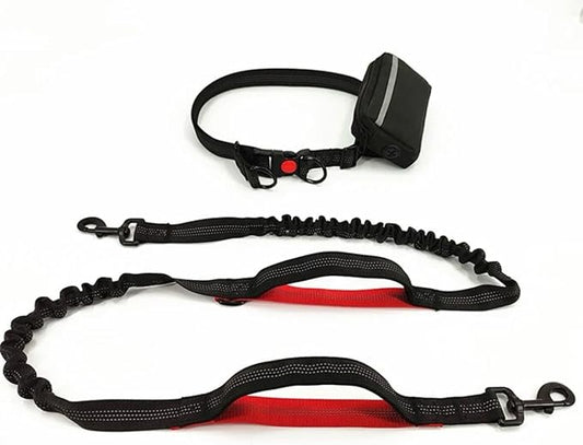 Hands Free Dog Leash with Zipper Pouch, Dual Padded Handles and Durable Bungee for Walking, Jogging and Running Your Dog, Waist Belt Dog Leash, Reflective Running Traction (Red)