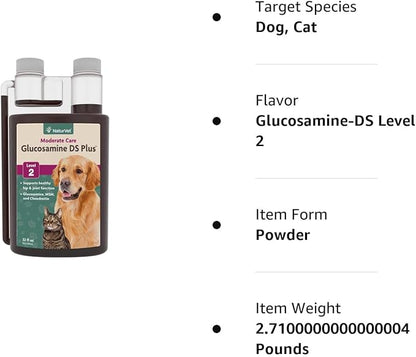 NaturVet Glucosamine DS Plus Hip & Joint Support Liquid Pet Supplement – Level 2 Moderate Care for Dogs & Cats – Includes Glucosamine, MSM, Chondroitin – 32 Oz