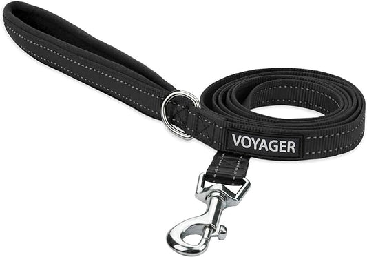 Voyager Reflective Dog Leash with Neoprene Handle, 6ft Long, Supports Small, Medium, and Large Breed Puppies, Cute and Heavy Duty for Walking, Running, and Training - Black, L