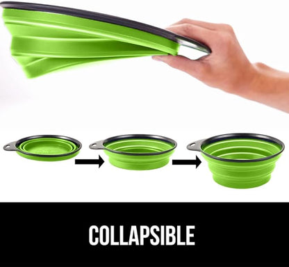 Gorilla Grip Collapsible Dog Bowl, Silicone Set of 2 Travel Bowls with Carabiner, Foldable and Portable Accessories for Cat and Dogs, Small Pet Hiking Supplies, Food and Water, 1 Cup, Royal Blue/Green