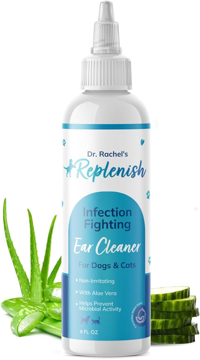 Replenish Ear Cleaner for Dogs and Cats - Dr. Rachel's Alcohol Based Gentle Ear Cleansing Solution with Aloe Vera-Infused Cucumber Melon Scent - 8 oz