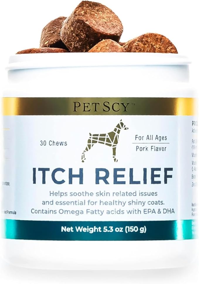PetScy - Dog Itch Relief with Fatty Acids, EPA, DHA, & Omega, Nutritional Support, Chews for All Ages, Pork Flavor, 30 Chews