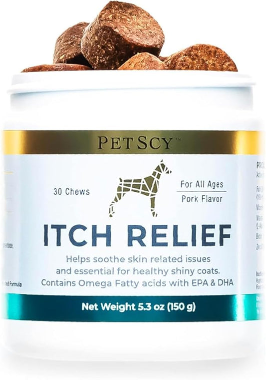 PetScy - Dog Itch Relief with Fatty Acids, EPA, DHA, & Omega, Nutritional Support, Chews for All Ages, Pork Flavor, 30 Chews