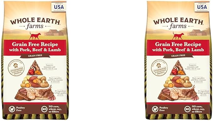Whole Earth Farms Natural Grain Free Dry Kibble, Wholesome and Healthy Dog Food, Pork, Beef, and Lamb Recipe - 4 LB Bag (Pack of 2)