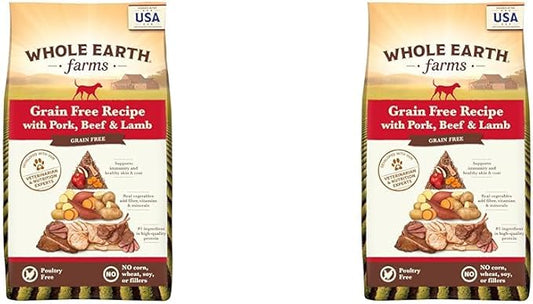 Whole Earth Farms Natural Grain Free Dry Kibble, Wholesome and Healthy Dog Food, Pork, Beef, and Lamb Recipe - 4 LB Bag (Pack of 2)