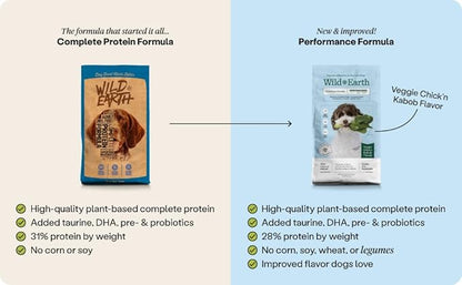 Wild Earth Vegan Dry Dog Food Performance Formula | Plant-Based Vegetarian Kibble | Wheat-Free, Allergen-Free, Veterinarian-Developed | Veggie Chick'n Kabob Flavor, 4lb Bag