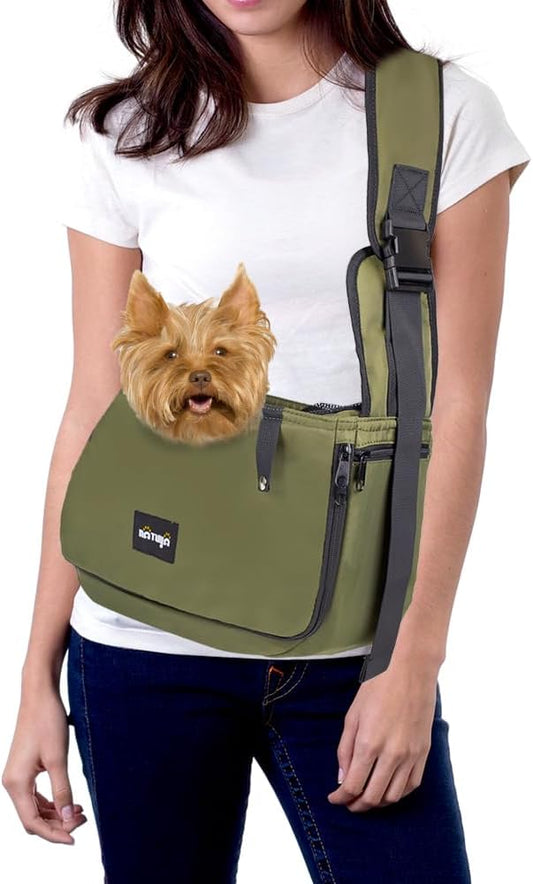 NATUYA Small Dog Carrier Sling Cat Sling-dog slings for carrying small dogs-Adjustable Strap Hand Free Pet Puppy for Outdoor Traveling Subway (Green, Waterproof)