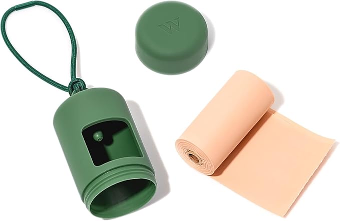 Wild One Dog Poop Bag Holder and Dispenser with Leash Attachment, Leak Proof, Easy Twist Top for Refills, Includes 1 Box Poop Bags, Spruce