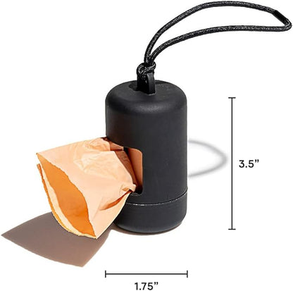 Wild One Dog Poop Bag Holder and Dispenser with Leash Attachment, Leak Proof, Easy Twist Top for Refills, Includes 1 Roll Poop Bags, Black