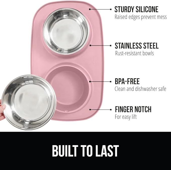 Gorilla Grip 100% Waterproof BPA Free Cat and Dog Bowls Silicone Feeding Mat Set, Stainless Steel Bowl Slip Resistant Raised Edges, Catch Water, Food Mess, No Spills, Pet Accessories, 2 Cup, Pink