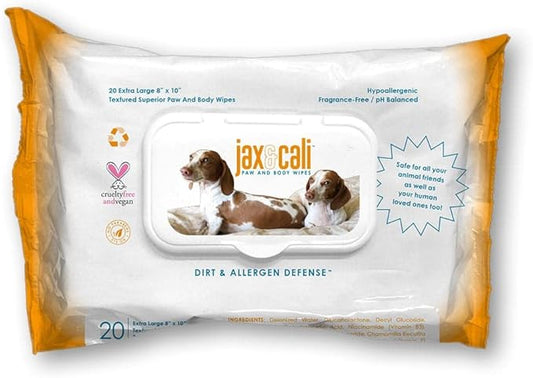 JAX & CALI Pet Wipes, Natural Textured Paw and Body Wipes, Hypoallergenic, pH balanced, Vitamins B3 & E, Soothing Aloe, No Fragrance, Holistic, Cruelty Free, Dogs & Cats, Extra Large 8"x10", 20 Wipes
