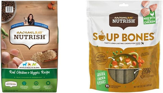 Nutrish Rachael Ray Chicken & Veggies 40 Pounds Dry Dog Food (Packaging May Vary) + Chicken Recipe 11 Count Soup Bones Bundle