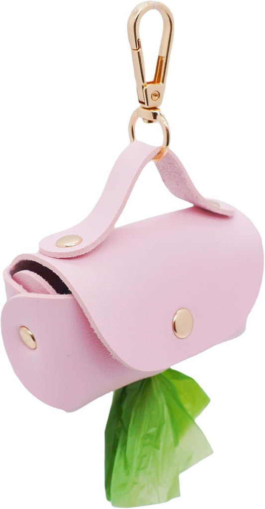 Leather Poop Bag Holder Dispenser for Leash, Portable and Reusable Dog Poop Bag Dispenser, Dog Bag Holder for Walking, Outdoor, Travelling (Pink)