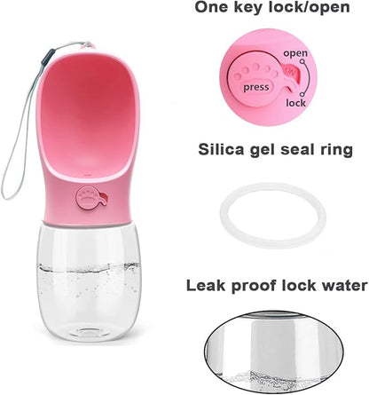Kalimdor Dog Water Bottle, Leak Proof Portable Puppy Water Dispenser with Drinking Feeder for Pets Outdoor Walking, Hiking, Travel, Food Grade Plastic (12oz Pink)