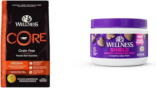 Wellness Food + Supplements Bundle: CORE Natural Grain Free Dry Dog Food, Turkey & Chicken, 4-Pound Bag Immune & Allergy Soft Chew Supplements, Salmon Flavored, 45 Count