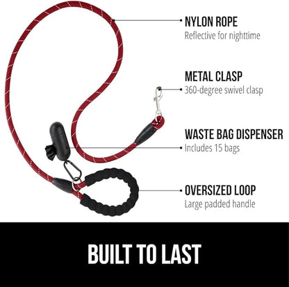 Gorilla Grip Heavy Duty Dog Leash, Soft Handle, Strong Reflective Rope for Night Pet Walking, Small Medium Large Animals, Durable Puppy Training Leashes, Rotating Metal Clip, Waste Bag Dispenser, Red