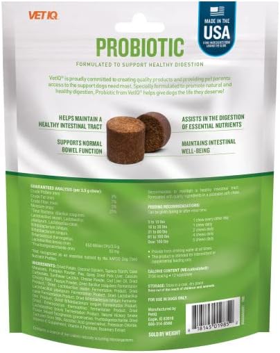 VetIQ Probiotic Supplement for Dogs, Digestive Support for Dogs, Nourishes Gut Bacteria and Supports Bowel Function, Hickory Smoke Flavor, Made in The USA, 60 Count