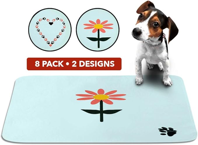Cute Washable Dog Training Puppy Pee Pads | 8 Pack Flower, Heart | Large Multi-Purpose Reusable Eco Friendly | Super Absorbent Safe Waterproof Bottom Layer | House Breaking, Incontinence, Whelping
