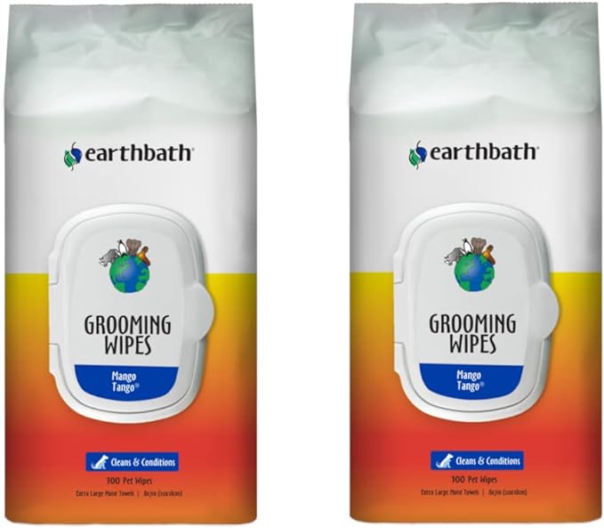 earthbath, Mango Tango Grooming Wipes - Dog Wipes for Paws and Butt, Best Pet Wipes for Dogs & Cats, Made in USA, Cruelty-Free Dog Cleaning Wipes, Removes Dirt & Dander - 100 Count (2 Pack)