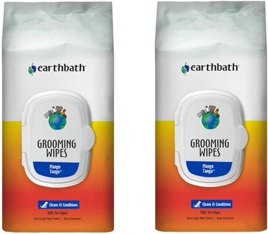 earthbath, Mango Tango Grooming Wipes - Dog Wipes for Paws and Butt, Best Pet Wipes for Dogs & Cats, Made in USA, Cruelty-Free Dog Cleaning Wipes, Removes Dirt & Dander - 100 Count (2 Pack)