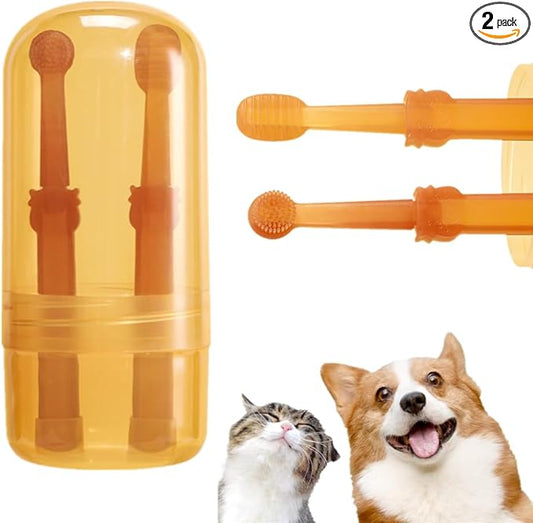 2 PCS Small Dog & Cat Toothbrush Kit Soft Pet Silicone Toothbrush Dog Toothbrush Kit 360° Doggie Kitten Toothbrush with Storage Cup Tongue Cleaner for Small Pets Ferret Dutch Pigs