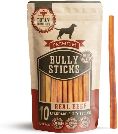 Bully Bunches Premium 12 Inch Standard Odor-Free Bully Sticks for Small & Medium Dogs - Long Lasting Chews for Oral Care - All Natural & fully Digestible, 100% Beef Dog Treat, Rawhide Free (10 Pk)
