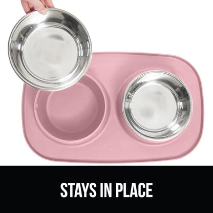 Gorilla Grip 100% Waterproof BPA Free Cat and Dog Bowls Silicone Feeding Mat Set, Stainless Steel Bowl Slip Resistant Raised Edges, Catch Water, Food Mess, No Spills, Pet Accessories, 1 Cup, Pink