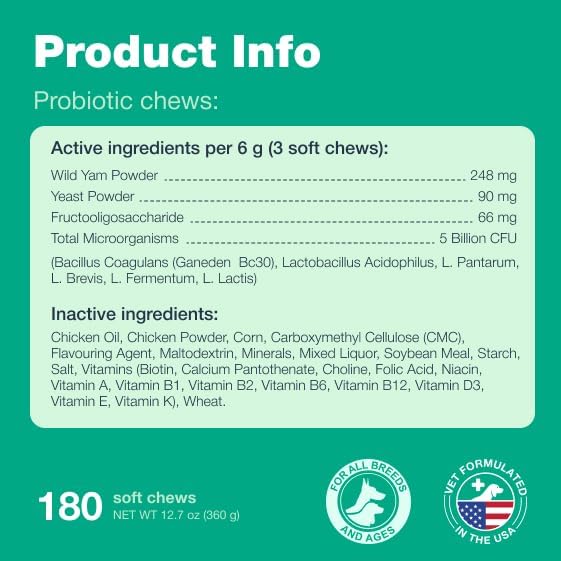 Probiotics for Dogs - Support Gut Health, Immunity, Yeast Balance, Itchy Skin, Allergies - Dog Probiotics and Digestive Enzymes - Coprophagia Deterrent for Dogs - 180 Probiotic Chews for Dogs
