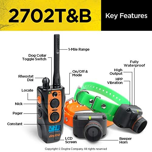 Dogtra 2702 T&B 2-Dogs Remote Training and Beeper Collar with 1 Mile Range, Fully Waterproof, Rechargeable, Static, Vibration, w/PetsTEK Dog Training Clicker