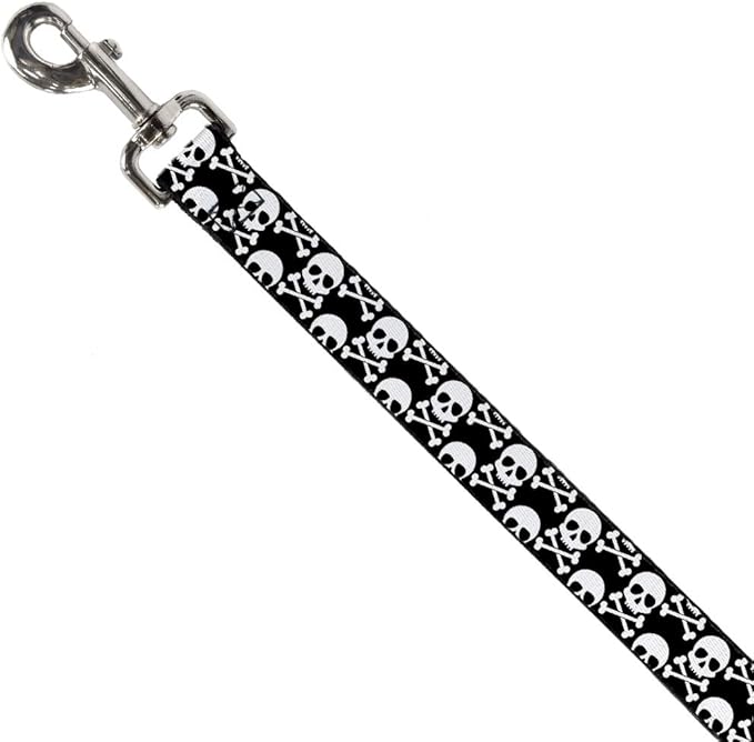 Dog Leash Skull Cross Bones Staggered Black White 6 Feet Long 1.5 Inch Wide