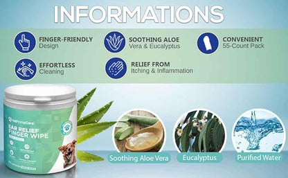 Pet Finger Wipes for Dogs Ear Relief, Aloe Vera & Eucalyptus Infusion, Pet Grooming Wipes, Remove Debris & Ear Wax, Soothe & Deodorize, 55-Count Pack.