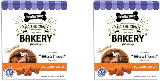 Three Dog Bakery Grain Free Wafers Baked Dog Treats, Pumpkin, 13 oz (Pack of 2)